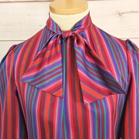 Vintage Melissa Pussybow Necktie Midi Dress in Red and Purple Satin Stripe Sz 6 - Picture 4 of 11
